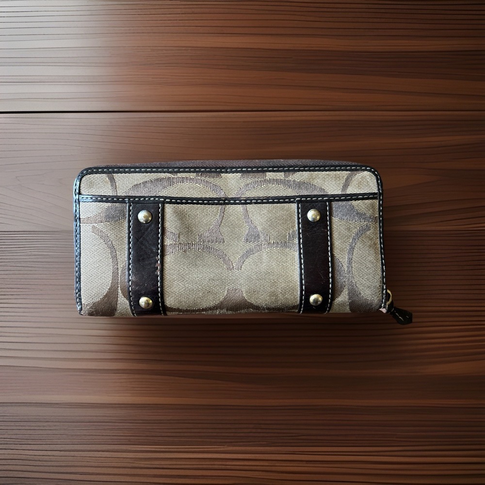 Vintage Coach Signature Logo Canvas & Leather zip around Wallet Tan Brown VTG - Picture 3 of 9